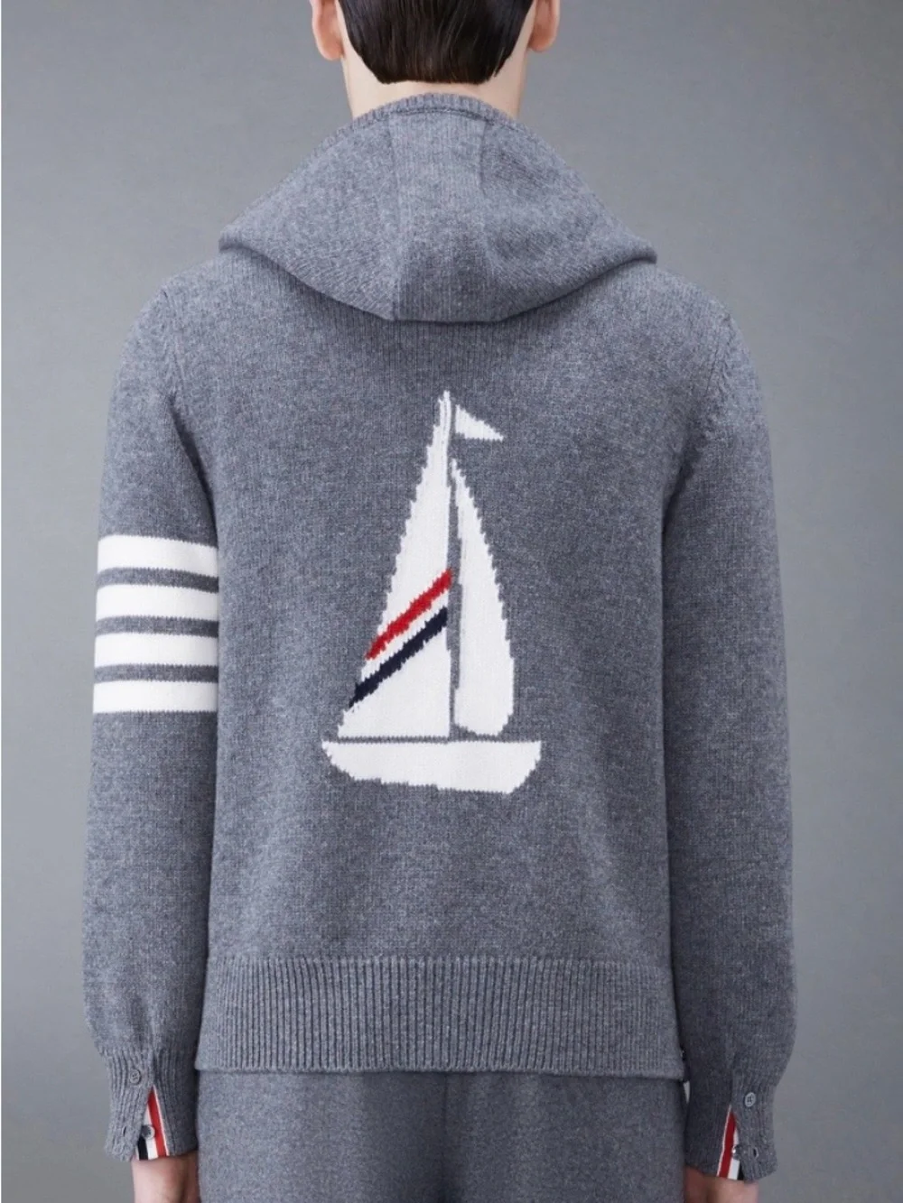 Thom Browne Gray Sailboat Knit Hoodie with Contrasting Stripe - Picture 2 of 8